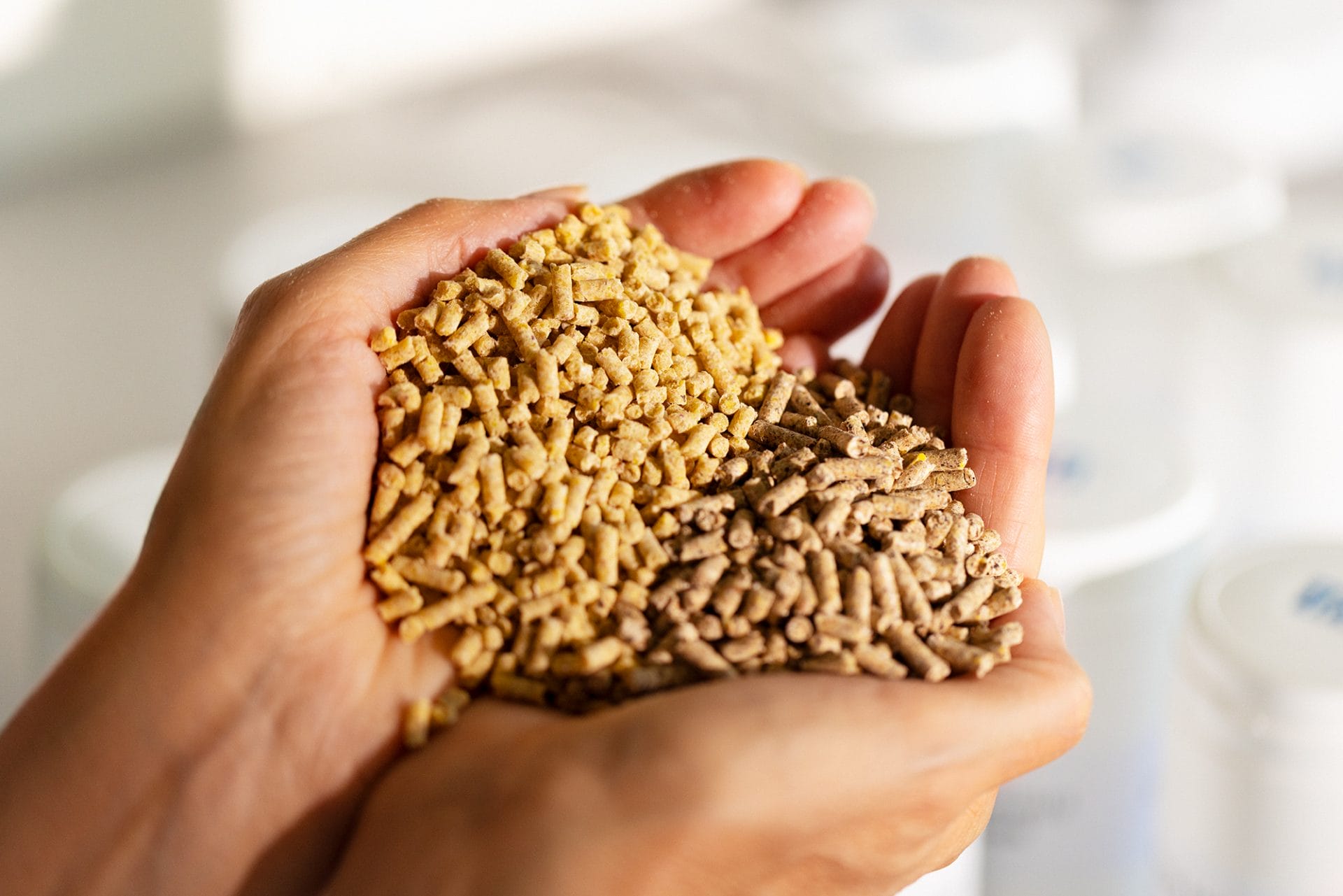 Animal nutrition products in various packaging.