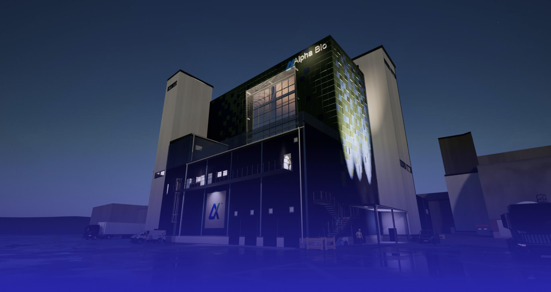 Corporate Biotechnology Building at night with blue purplish spotlight