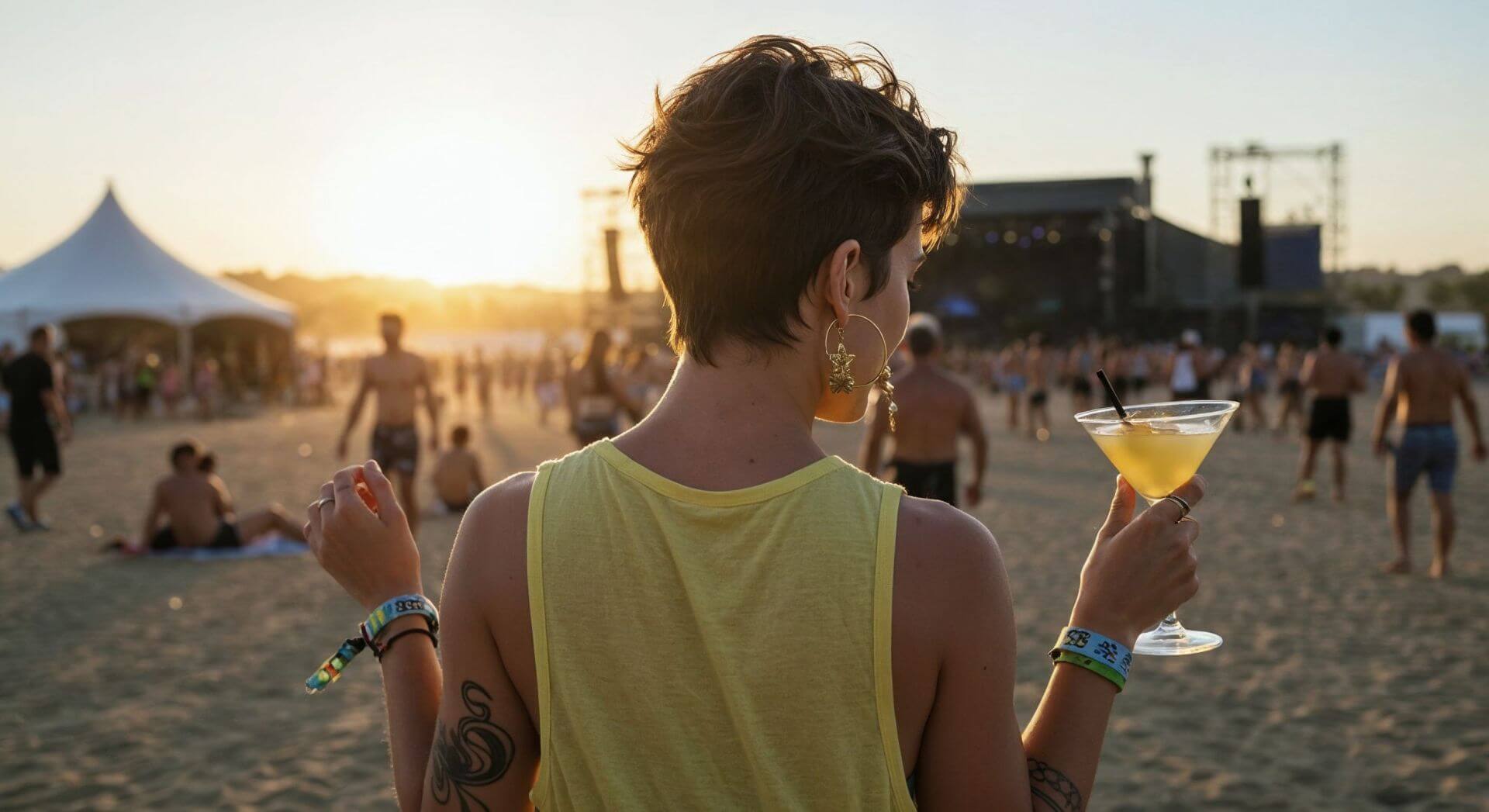 Woman dancing at a music festival on a beach, holding a yellow beverage in a glass in her hands