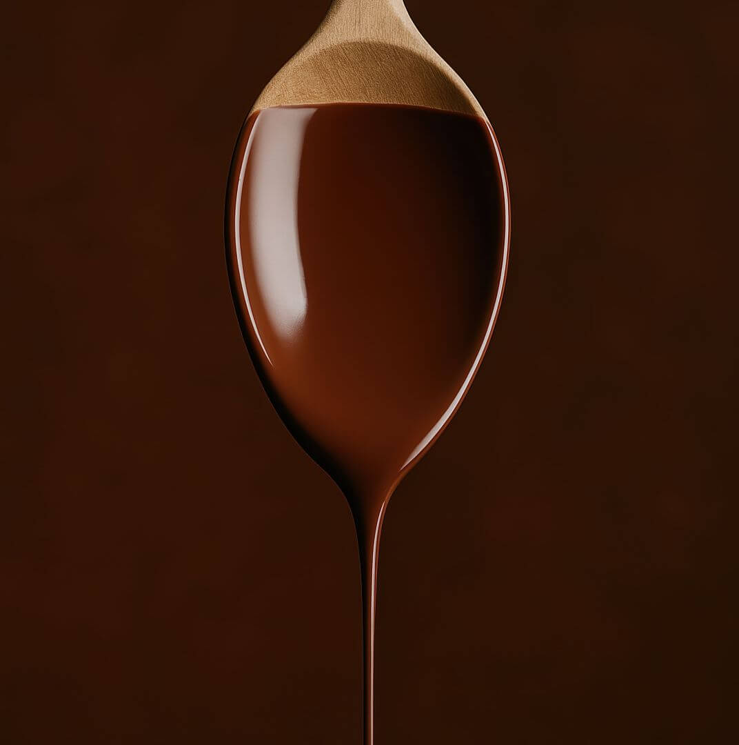 A wooden spoon, hanging downward, with chocolate syrup dripping off of it set against a chocolate-colored background.