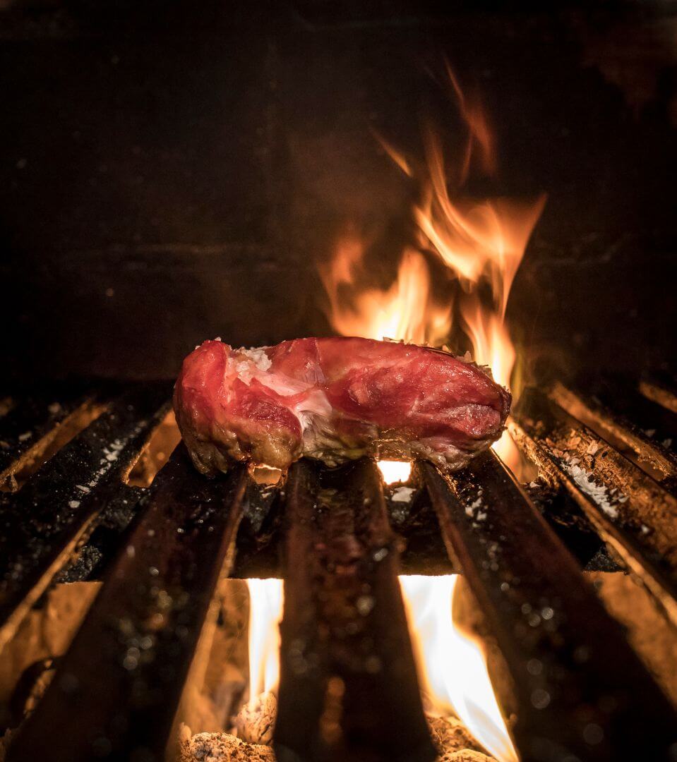 Slab of meat on a grill with fire in the background. Image is close-up of the grill grates in front of the image.