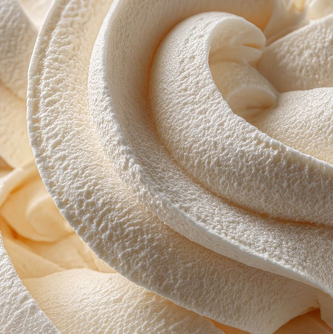 Macro, close-up shot of vanilla-flavored frozen yogurt in giant swirls that resemble flower blooms