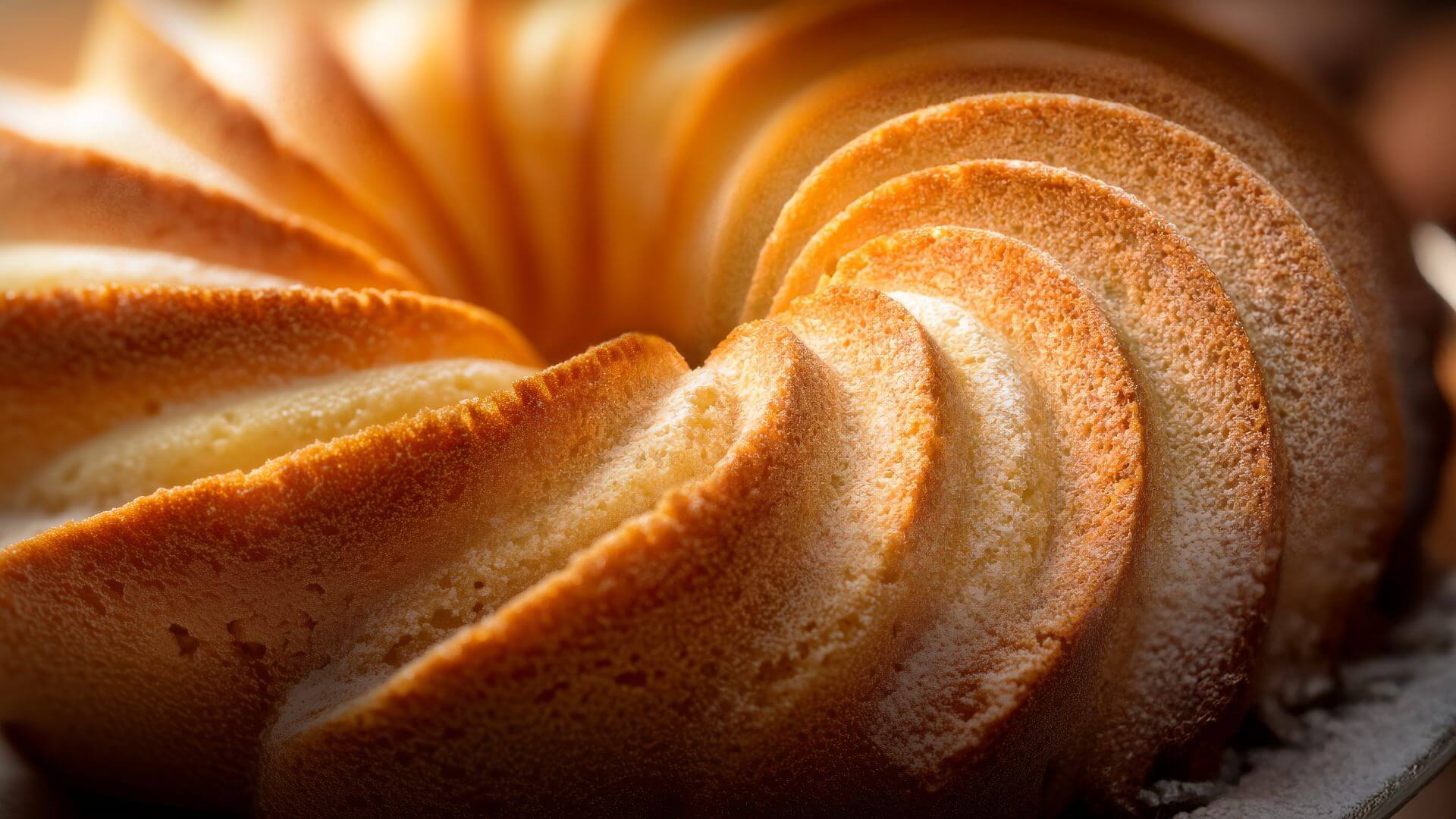 Close-up, macro shot of a vanilla-flavored bundt cake with ridges all around the cake resembling a flower bloom