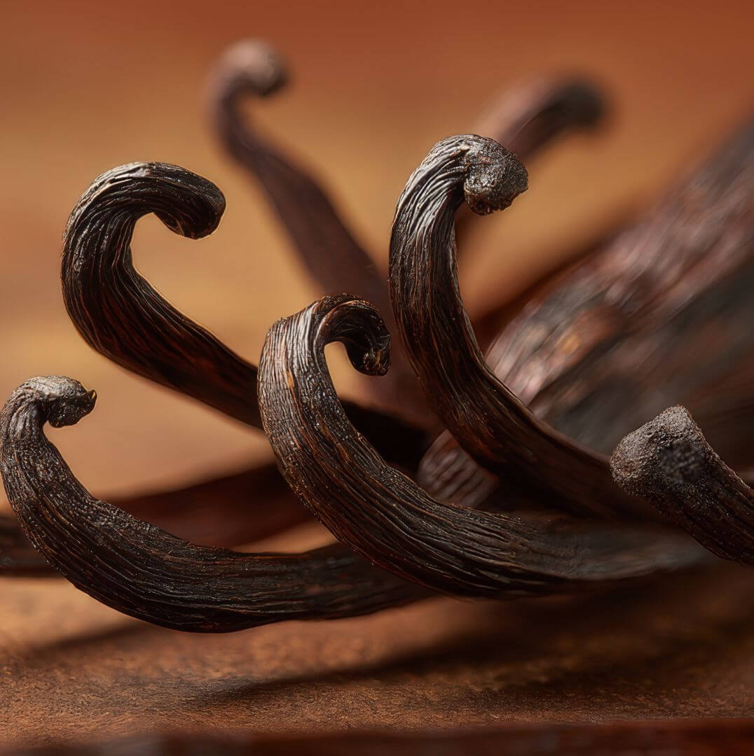 Close-up, macro shot of vanilla pods curling at the ends (facing viewer) and clustered together on a brown table, giving a blooming effect